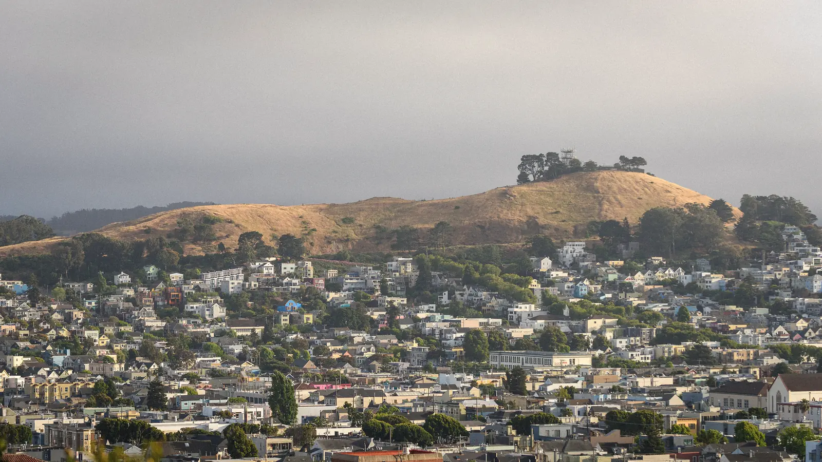 Photo of houses climbing toward the golden top of Bernal Hill